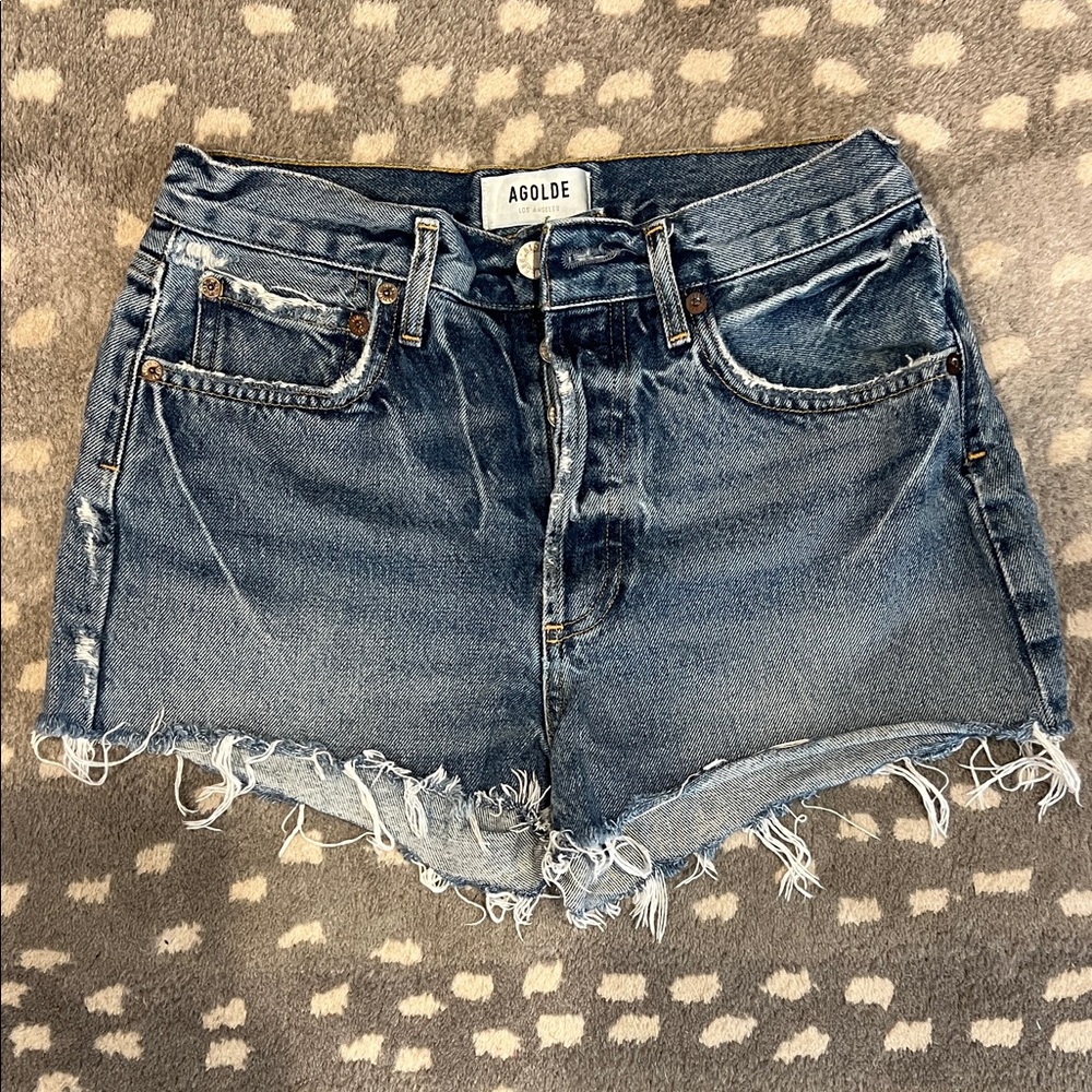 Agolde Women's Frayed Hem Jean Shorts - Dark Blue